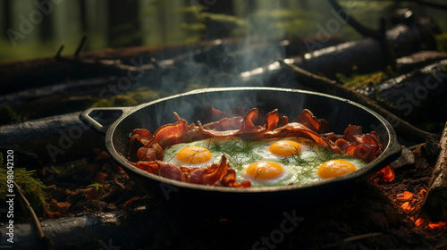 Rustic Culinary Adventure: Skillet Breakfast in the Forest, Generative AI