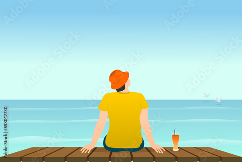 Back view of a man sitting on wooden deck with ocean view. Vector illustration. © fadfebrian