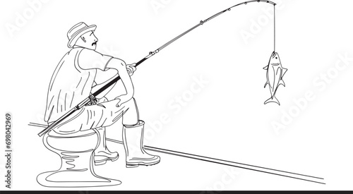 Cartoon style vector of young man fishing outdoors, Vector drawing of a young man enjoying outdoor fishing, Fisherman with rod in leisure time cartoon illustration photo