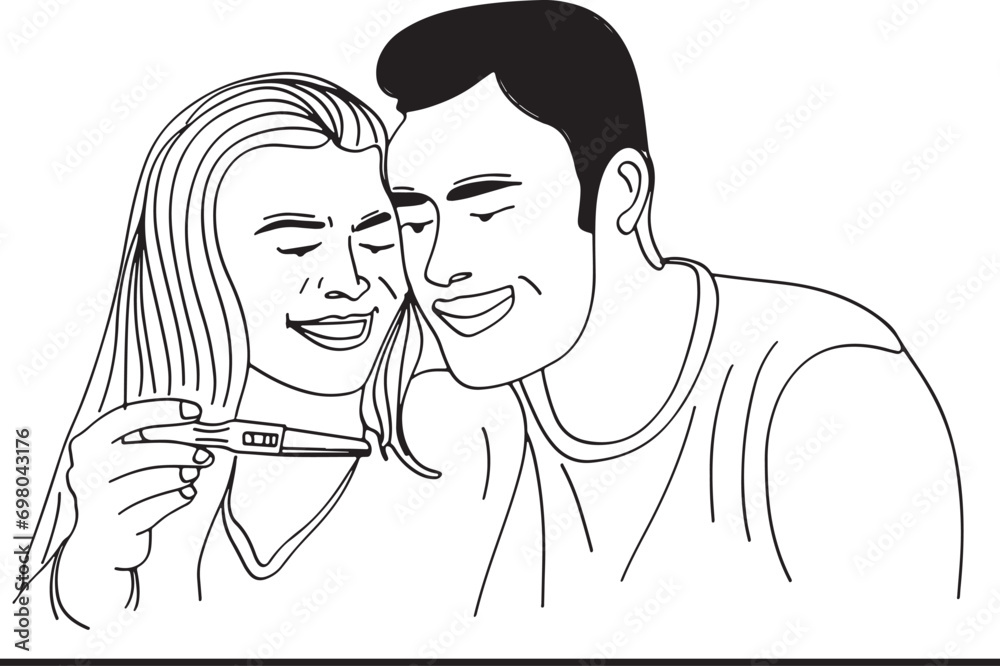 Cartoon illustration of joyful couple finding out pregnancy results Cartoon illustration of joyful couple finding out pregnancy results