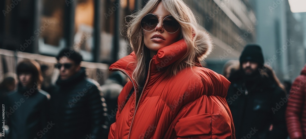High-end street style during Fall Winter Fashion Week, urban setting, trendy outfits. Banner.