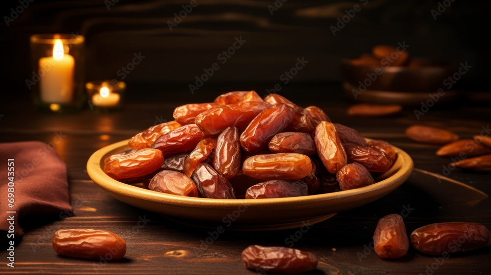 Plate with dried dates for Ramadan. copy space - generative ai Plate with dried dates for Ramadan. copy space - generative ai