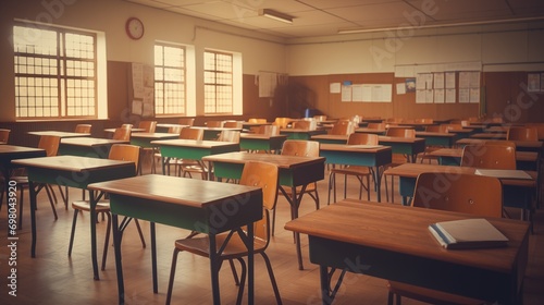 Empty vintage classroom interior back to school concept AI generative