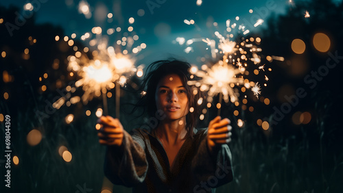 Vibrant Celebration: A Young Woman Looking Into the Camera, Holding Sparklers; Sparkling Elegance in Dark Teal - Perfect for New Year and Birthday Greetings (8K, 16:9)