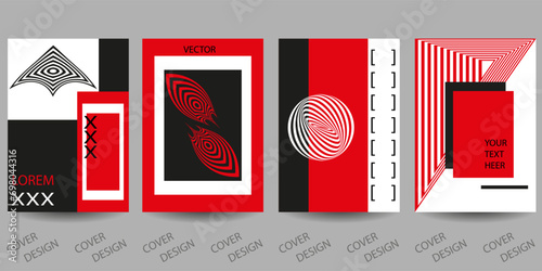 Trendy template for design cover, poster, flyer. Layout set for sales, presentations. Minimal geometric background in black , white and red with visual distortion effects.
