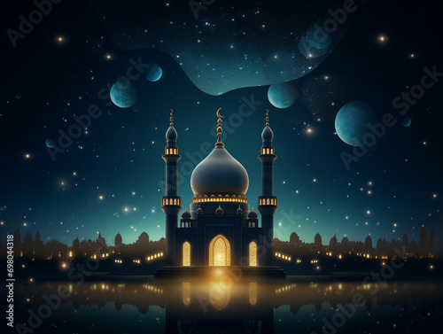 Create a lantern surrounded by a starry night sky with a mosque in the background.