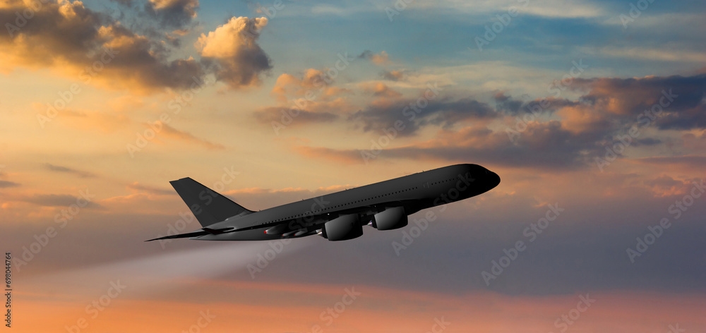 Passenger plane on the sunset sky background