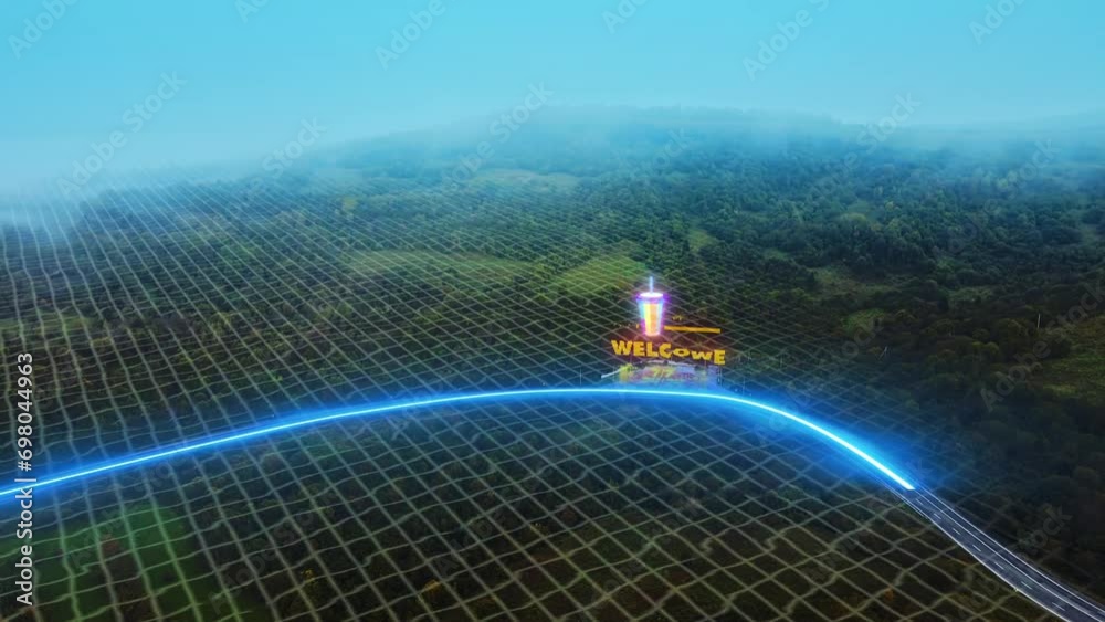 Futuristic high-tech concept road is transformed with graphics special effects into digitalized advanced autonomous power transmission lines with 3D digital visualization of electricity 3d geo scan
