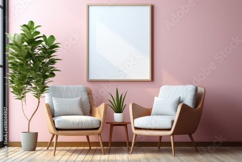 Square mockup poster or painting on pink wall in living room © Elen Nika