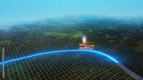 Futuristic high-tech concept road is transformed with graphics special effects into digitalized advanced autonomous power transmission lines with 3D digital visualization of electricity 3d geo scan photo