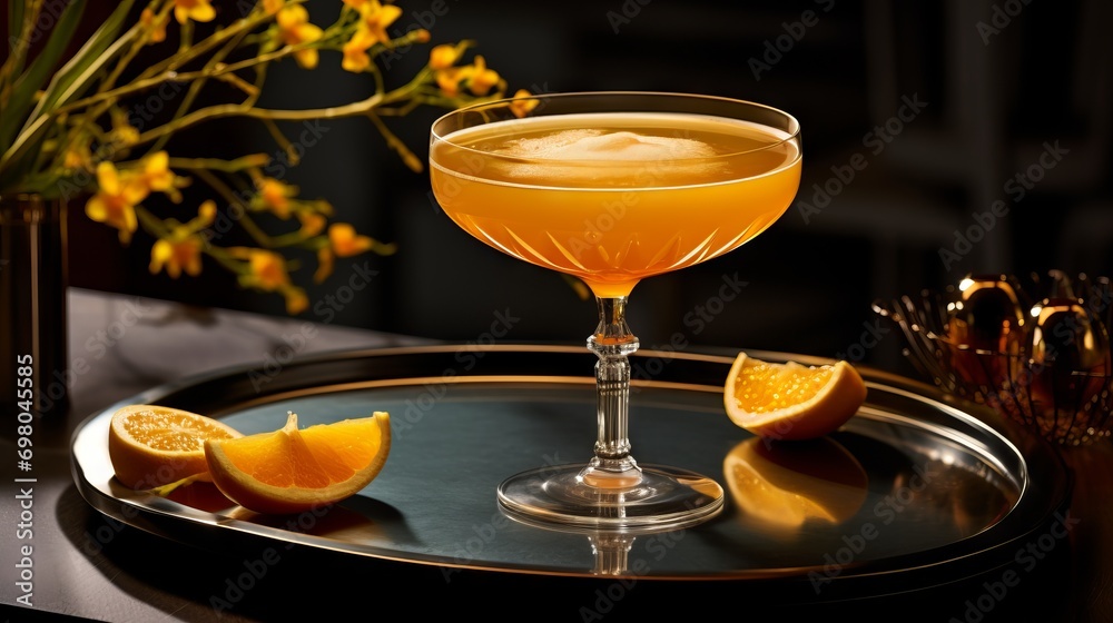 Sidecar cocktail in bar glass with lemon, mint, glass. Sidecar cocktail in bar glass with lemon, mint, glass.