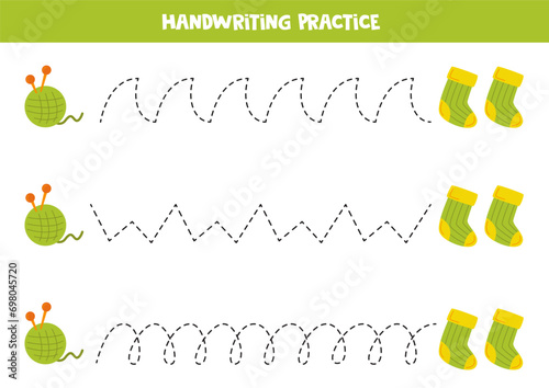 Tracing lines for kids. Cartoon green socks and ball of yarn.