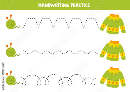 Tracing lines for kids. Cartoon green sweater and ball of yarn.