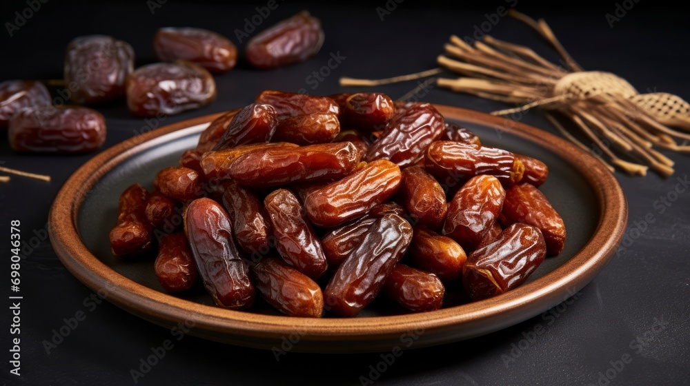 Plate with dried dates for Ramadan. copy space - generative ai Plate with dried dates for Ramadan. copy space - generative ai