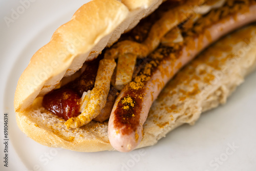 Bosna or Bosner Spicy Austrian Style Hot Dog with grilled Bratwurst, Onions, Tomato Ketchup and Curry in Selective Focus