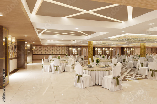 Luxurious wedding reception in a grand and glamorous indoor ballroom 3d render  photo