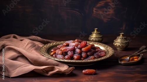 Plate with dried dates for Ramadan. copy space - generative ai © Nia™