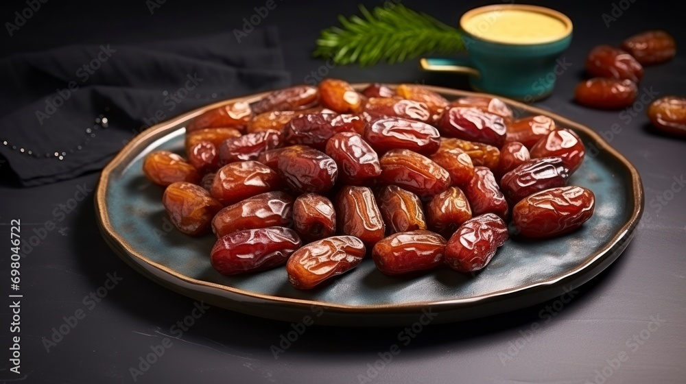 Plate with dried dates for Ramadan. copy space - generative ai Plate with dried dates for Ramadan. copy space - generative ai