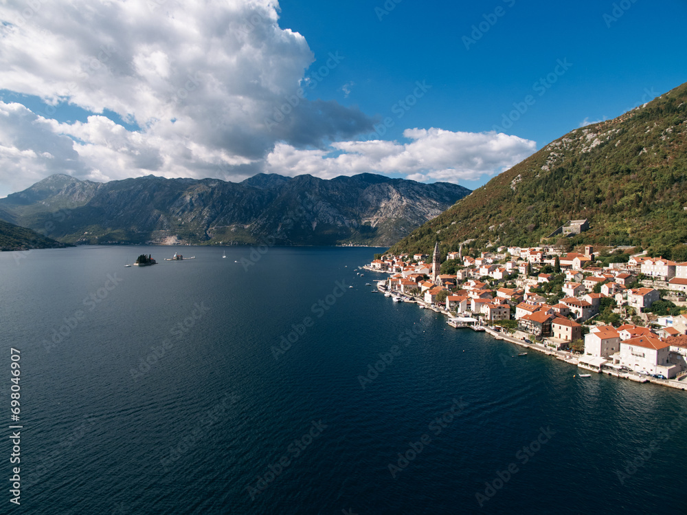 Aerial view of the islands of the Bay of Kotor and the coast of Perast. Montenegro