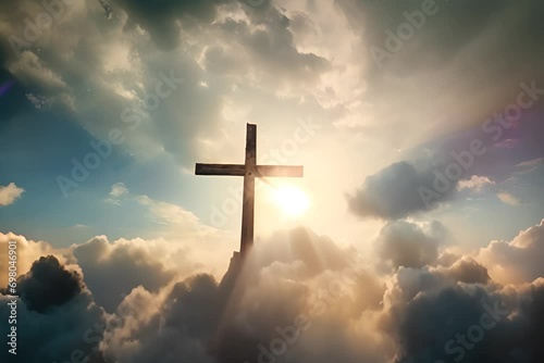 A holy wooden cross stands on Mount Golgotha, surrounded by clouds and sunlight. Concept of resurrection of Jesus Christ, Happy Easter photo