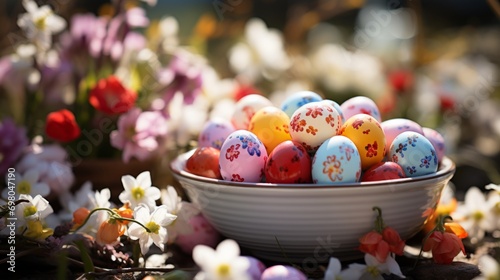 Beautiful colorful Easter eggs on spring landscape. Easter background