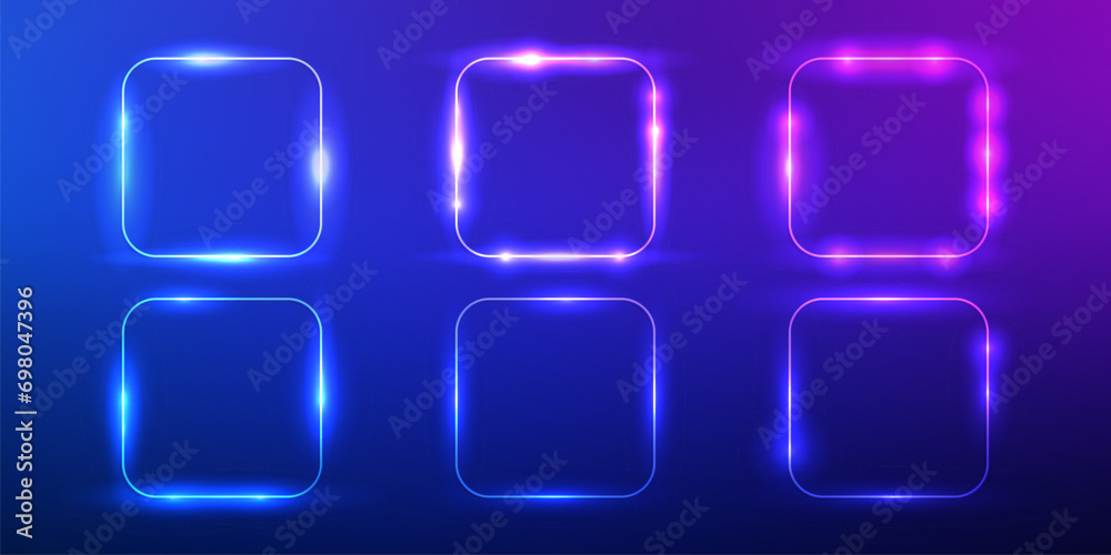 Set of six neon frames with shining effects Set of six neon frames with shining effects