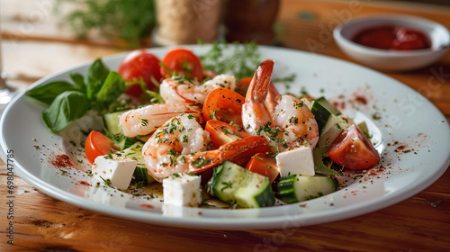 Greek salad with shrimp and fresh organic vegetables in close-up. Restaurant serving.