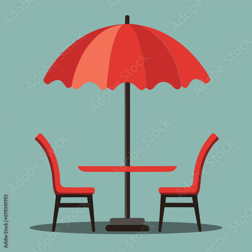 Street table with chairs under a red umbrella