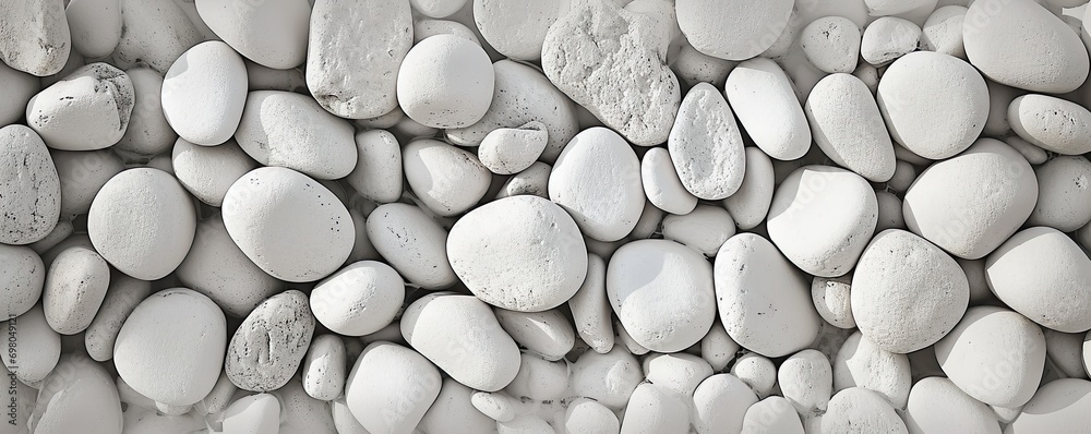 Collection of various rocks and pebbles. Smooth white stones with intricate patterns create abstract and soothing composition. Light and shadow enhances texture and depth to arrangement Collection of various rocks and pebbles. Smooth white stones with intricate patterns create abstract and soothing composition. Light and shadow enhances texture and depth to arrangement