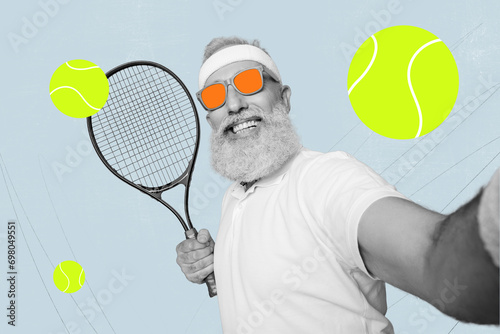 Artwork collage image of black white effect cheerful grandfather make selfie arm hold tennis racquet flying balls isolated on creative background