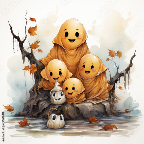 watercolor Halloween Happy Kawaii Ghosts Family clipart, Generative Ai