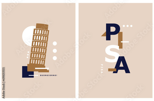 Simple Minimalist Vector Illustration with Abstract Design of the Tower of Pisa on a Beige Background.Modern Print in a Geometric Style Showing Tourist Attractions of Italy.Perfect for a Card, Poster.