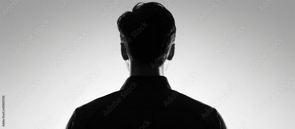 Man's silhouette with back turned, against white background. - obrazy, fototapety, plakaty 