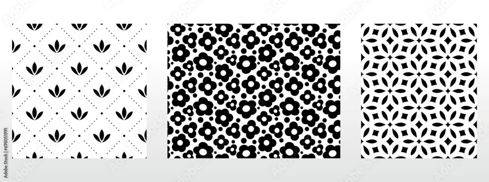 Geometric floral set of seamless patterns. White and black vector backgrounds. Damask graphic ornaments. Geometric floral set of seamless patterns. White and black vector backgrounds. Damask graphic ornaments.