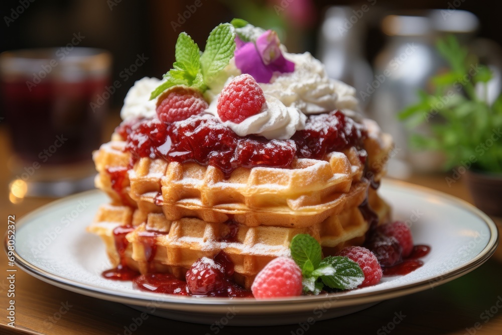 AI generated illustration of Waffles covered with whipped cream, raspberries, and chocolate sauce AI generated illustration of Waffles covered with whipped cream, raspberries, and chocolate sauce