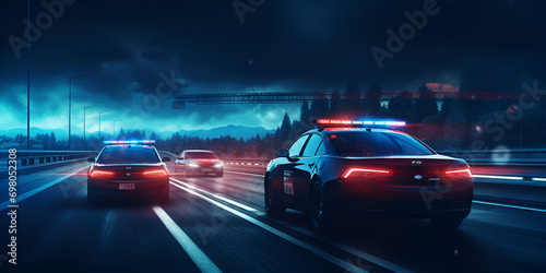  Police car in night city, Police car lights at night in modern city neural network generated art, Policeman silhouette and police car with red and blue lights in the fog Generative AI