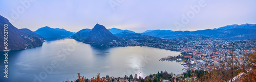 Panorama of evening Lake Lugano and mountains, Lugano, Switzerland