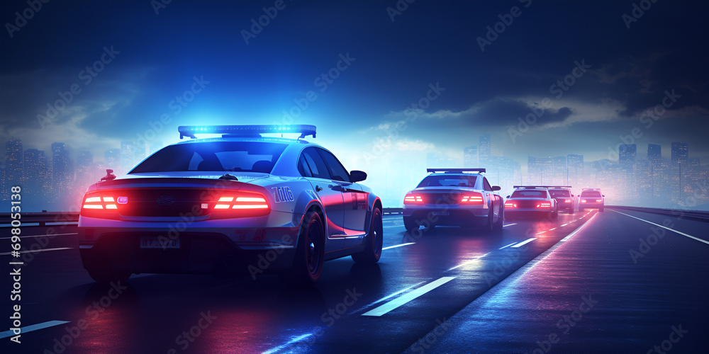 Police Car Lights at Night in the City AI, Policeman silhouette and police car with red and blue lights in the fog Generative AI

