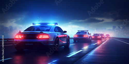 Police Car Lights at Night in the City AI, Policeman silhouette and police car with red and blue lights in the fog Generative AI   © Asad