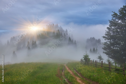 Majestic mountains landscape under morning sky with clouds. Overcast sky before storm. Carpathian  Ukraine