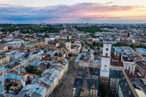 Lviv historival city center skyline at sunset photo