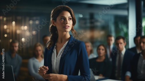 portrait of young woman executive standing in boardroom with team