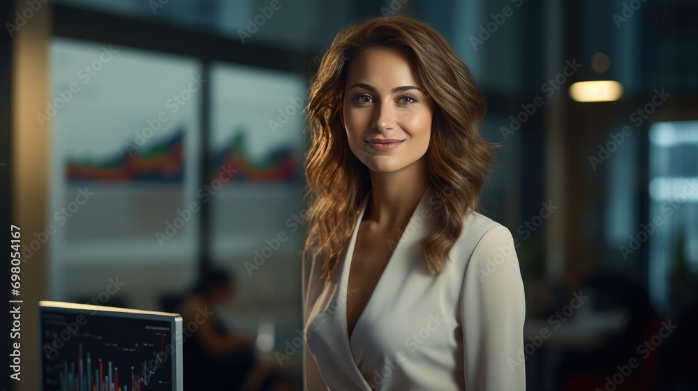 portrait of young woman executive standing in office smiling