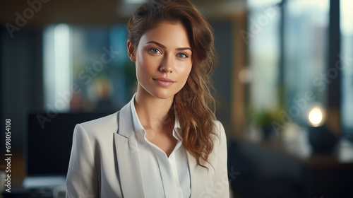 portrait of young woman executive standing in office smiling