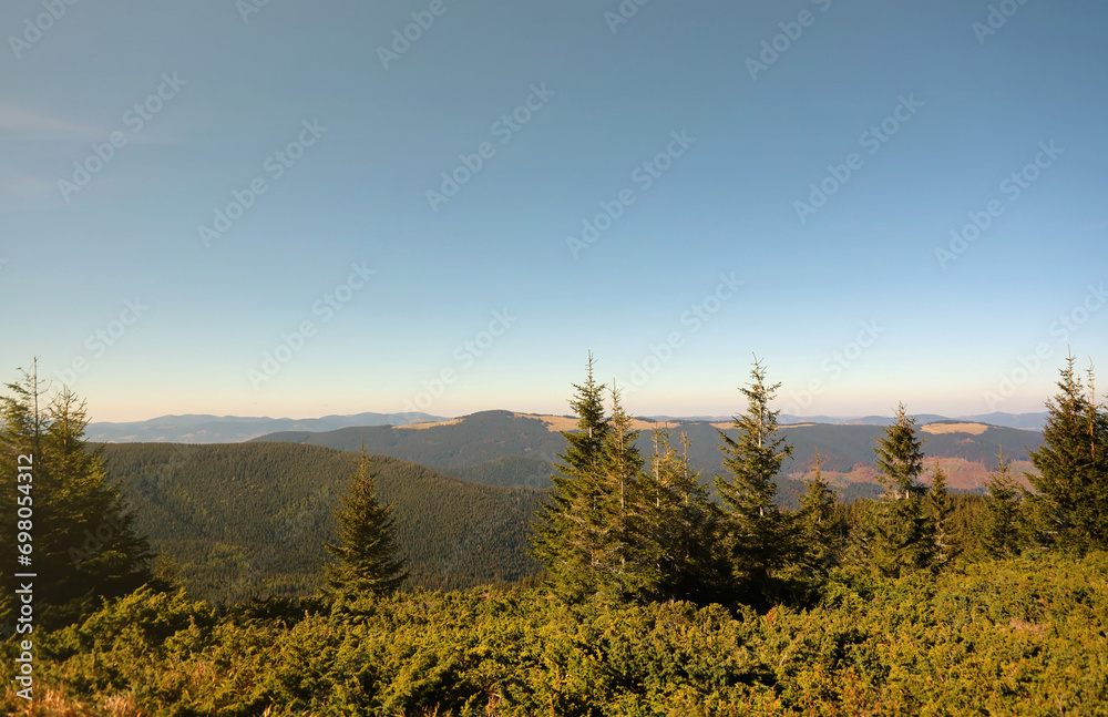 Landscape with Mount Hoverla hanging peak of the Ukrainian Carpathians against the background of the sky and clouds