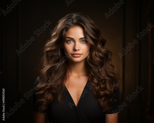 A woman with wavy hair, brunette, showcases her long and glossy curls.  © Phimchanok