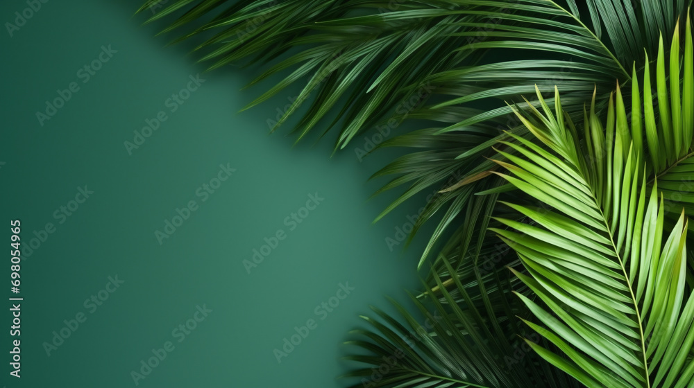 Tropical palm leaves with shadow on green background