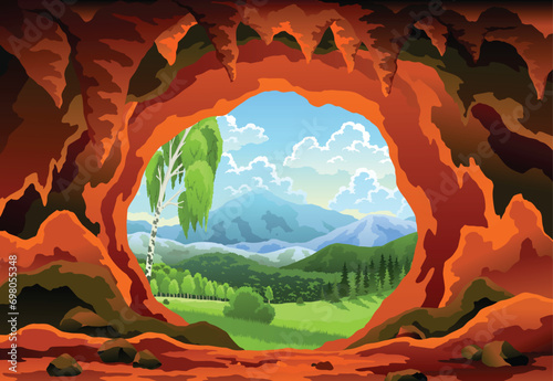 Cave landscape. Summer nature scene of cave entrance. Prehistoric dungeon, rock cavern game illustration. Vector illustration of tunnel in mountain or mine in rocks