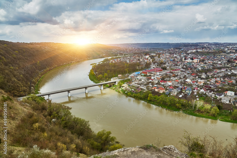 Beautiful view to a small historical city Zalishchyky located on the Dniester river in Ternopil region