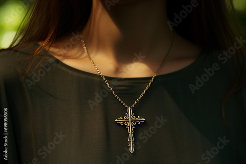 Close up of religious cross necklace around woman's neck